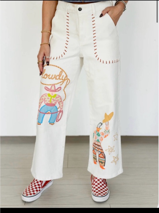 Turquoise Haven Denim - White Embroidered Western Graphic Wide-Leg Jeans howdy cowboy stretch